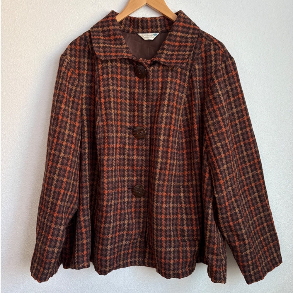 CJ Banks Brown Orange Houndstooth Plaid Button Front Lined Jacket Plus Size